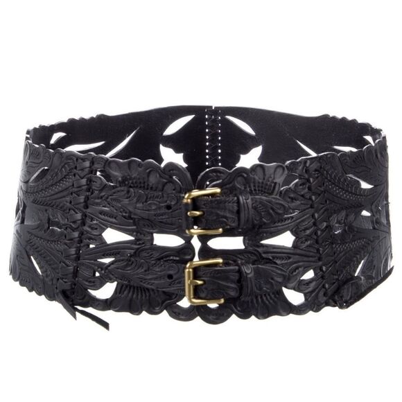Ralph Lauren Collection * Spring 13 Black Western Tooled Leather Contour Belt - Picture 3 of 17